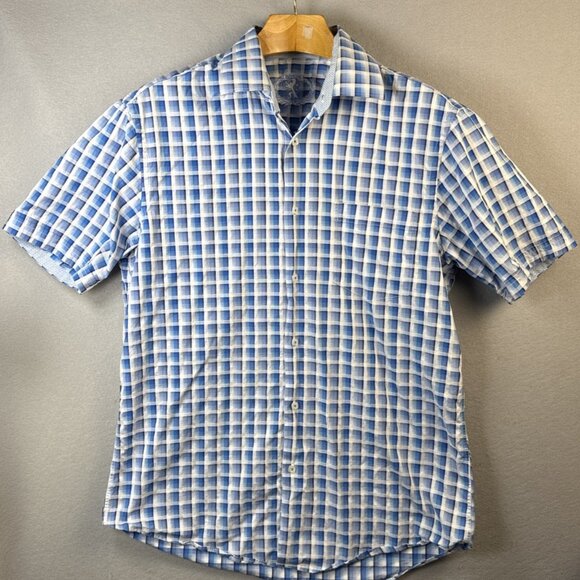 Bugatchi Shirt Mens L Large Blue Plaid Shaped Fit Short Sleeve Button Up Cotton - Picture 1 of 10